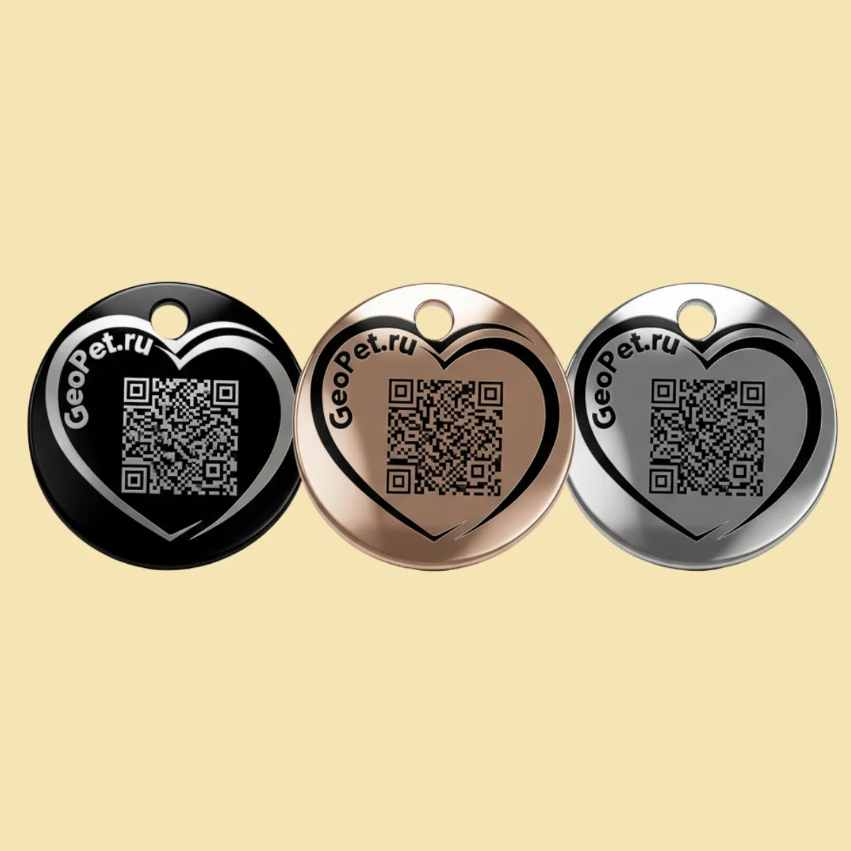 Адресник для собак с QR GeoPet ID алюминиевый круг с контуром сердца