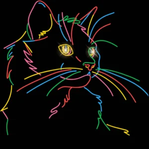 Адресник для кошек с QR пластиковый GeoPet ID Неоновый кот с ярким разноцветным контуром на черном фоне