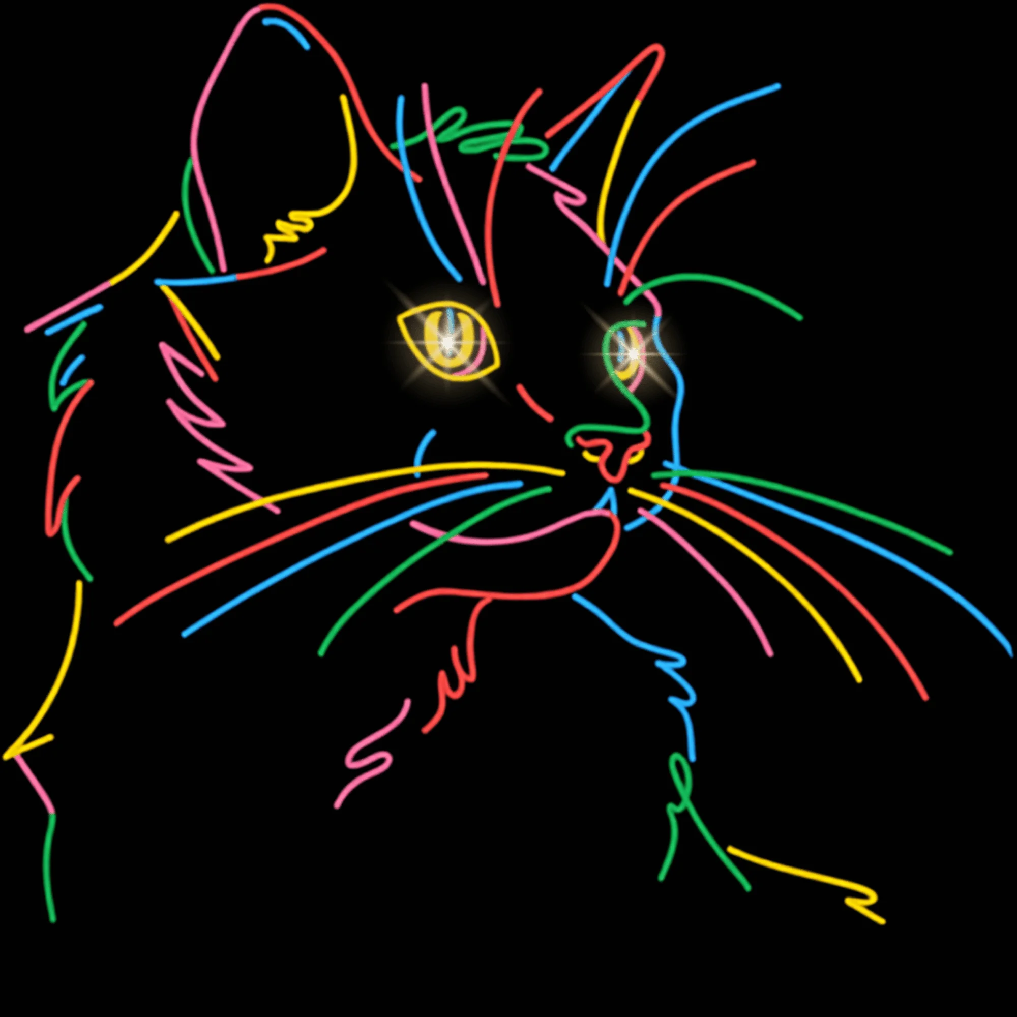 Адресник для кошек с QR пластиковый GeoPet ID Неоновый кот с ярким разноцветным контуром на черном фоне